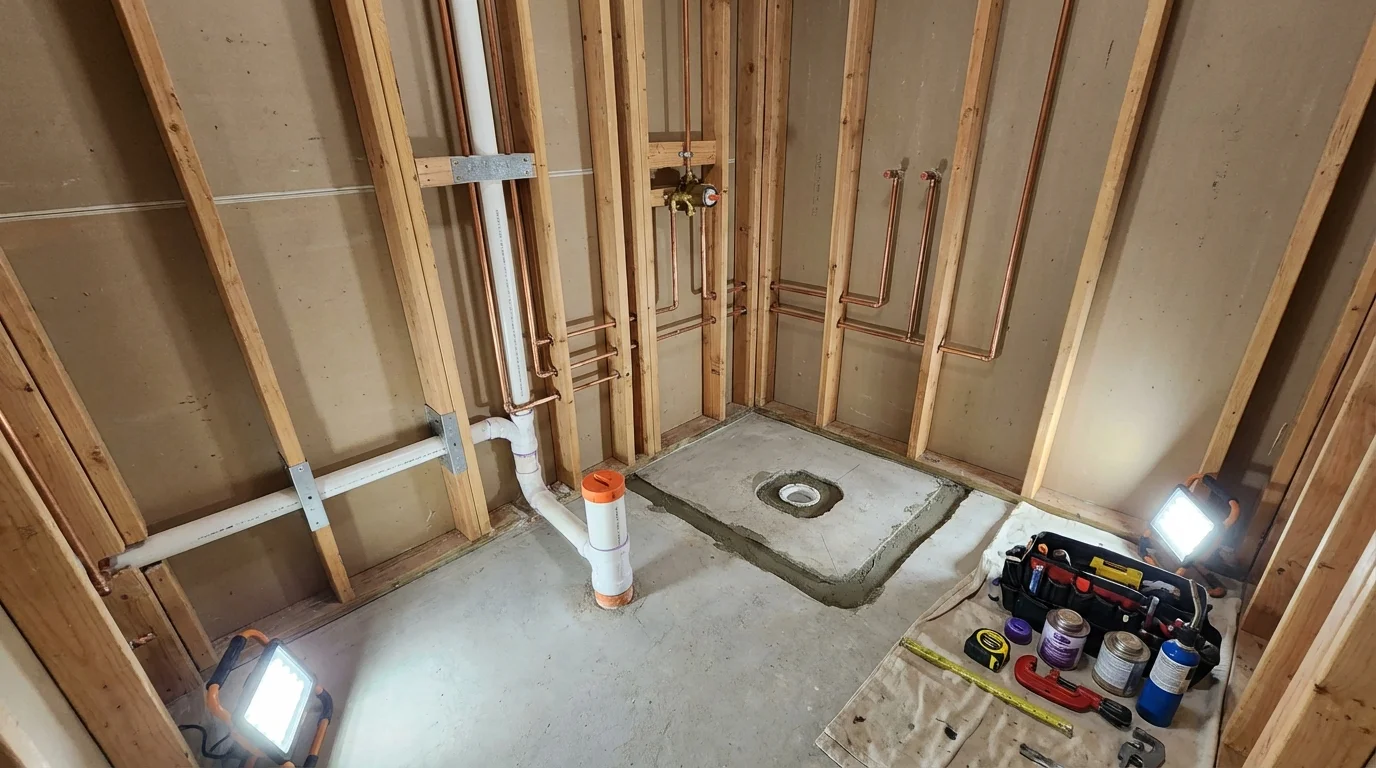 Bathroom rough-in plumbing during remodel by Johns Plumbing LLC in Enigma