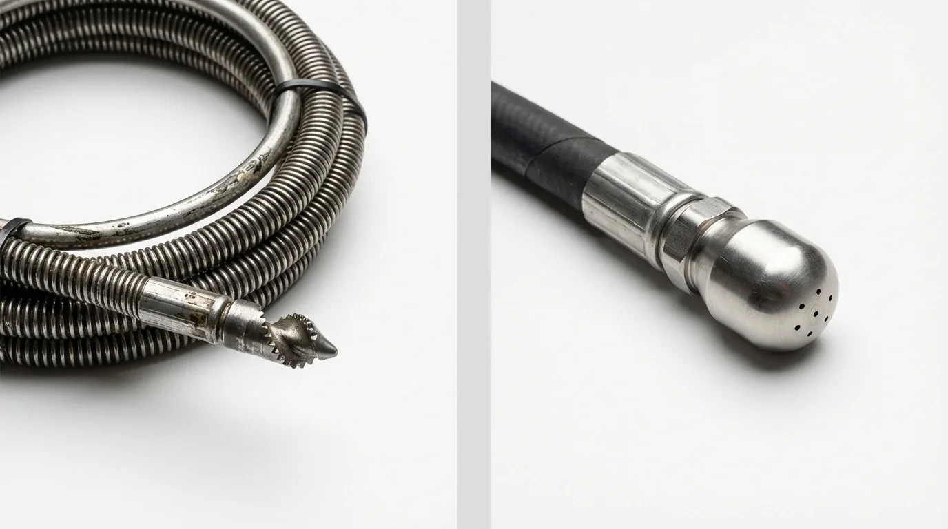 Drain snake cable and hydro jetting nozzle used for drain cleaning in Enigma, GA