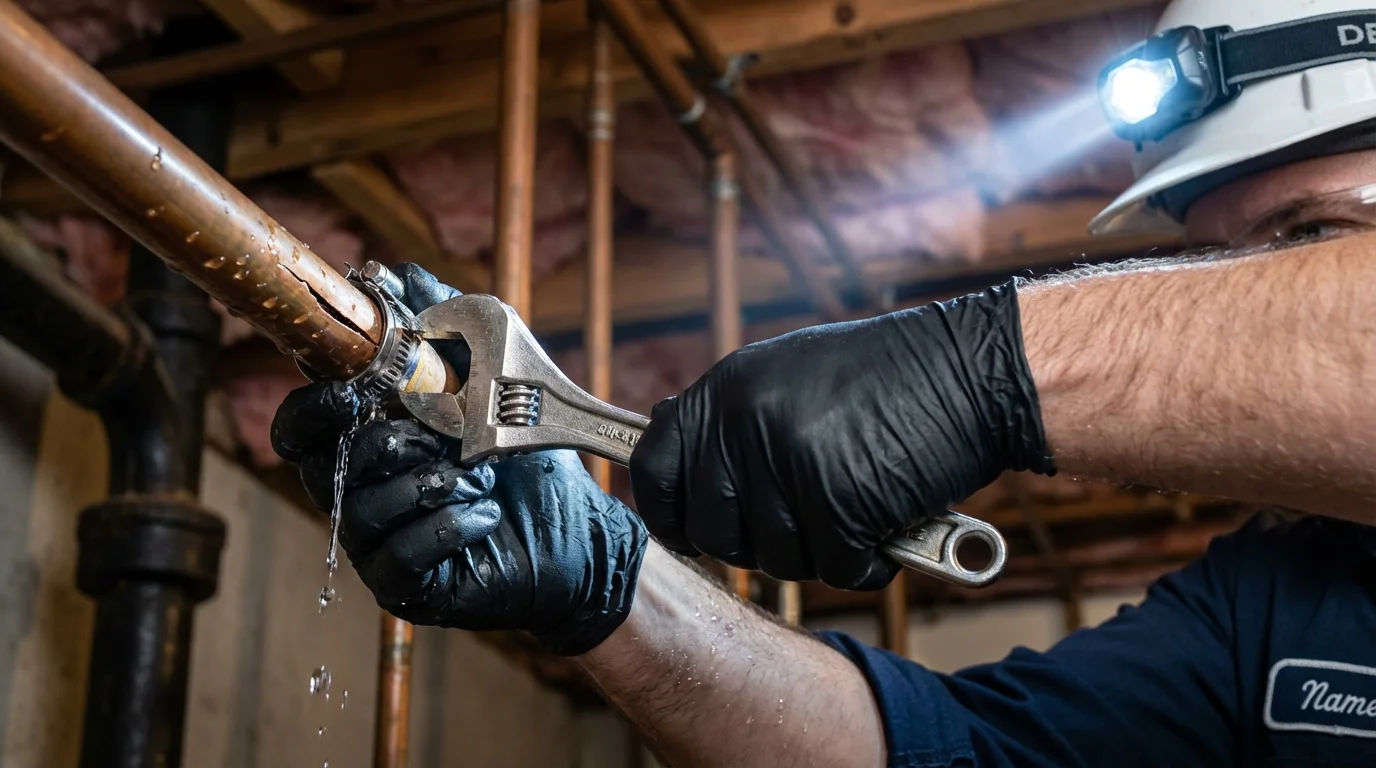 Emergency pipe clamp repair being performed by a Johns Plumbing LLC plumber in Enigma