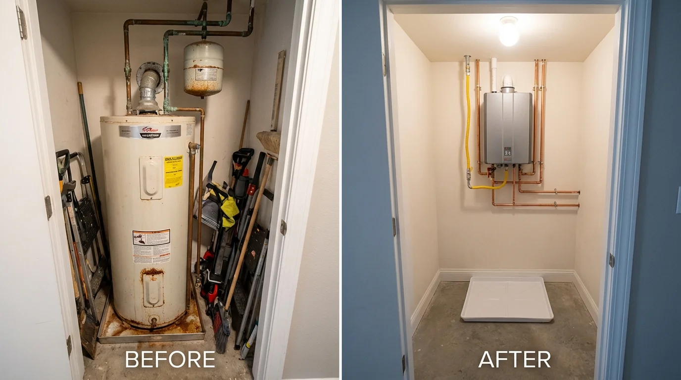Tank water heater versus wall-mounted tankless unit comparison for Enigma, GA homeowners