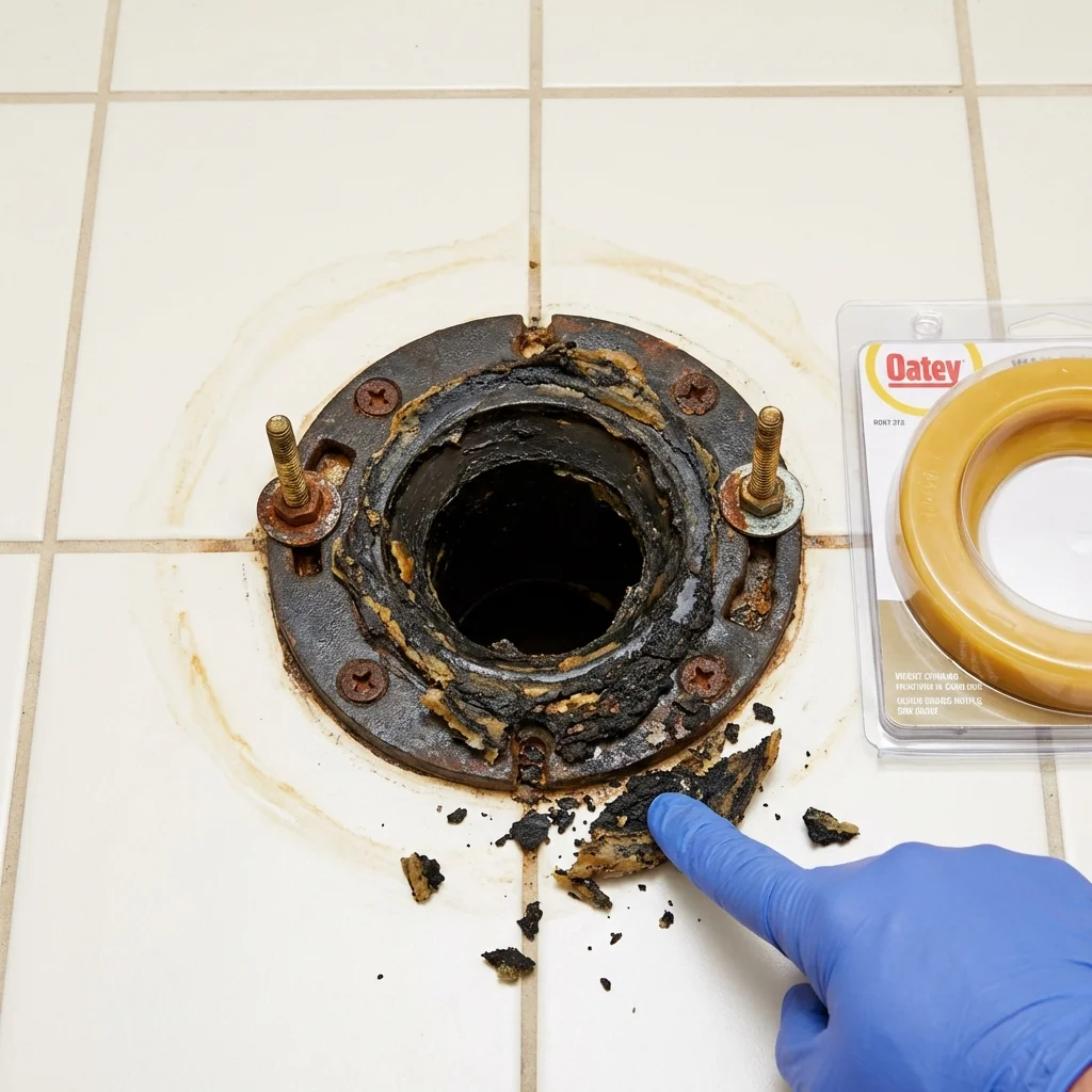 Failed wax ring showing water seepage at the base of a toilet in a Enigma, GA home