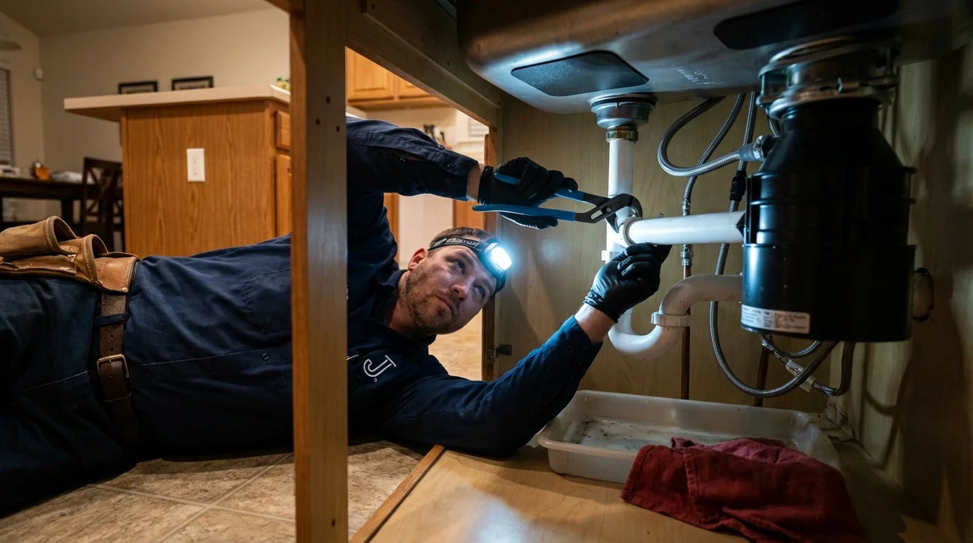 P-trap and supply line connections under a kitchen sink showing a common leak point in Enigma, GA